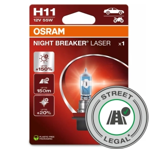   Osram Night Breaker Laser H11 halogén fényszóró izzó, közúton legálisan használható, akár 150%-kal nagyobb fényerő, 150 m-es fénytávolság, 64211NL-1BL, 1 darab/bliszter