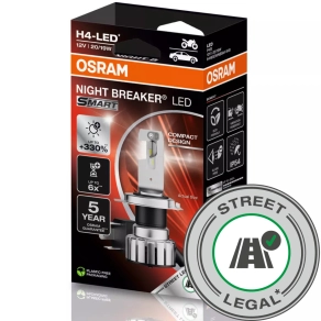   Legális Osram Night Breaker LED Smart H4 motorkerékpár tompított és távolsági fényszóró LED, Közlekedési Hatóság engedéllyel, 6000K színhőmérséklet, akár +330% fényerő, 1650/1000 lumen fényáram, P43t foglalat, 64193DWNBSM-1HB, 1 adarab/csomag
