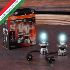   Legális Osram Night Breaker LED Smart H4 közúton használható autós LED fényszóró szett, Közlekedési Hatóság engedéllyel, 6000K színhőmérséklet, akár +330% fényerő, 1650/1000 lumen fényáram, P43t foglalat, 64193DWNBSM-2HB, 2 darab/csomag