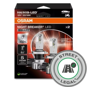   Legális Osram Night Breaker LED Smart H4 közúton használható autós LED fényszóró szett, Közlekedési Hatóság engedéllyel, 6000K színhőmérséklet, akár +330% fényerő, 1650/1000 lumen fényáram, P43t foglalat, 64193DWNBSM-2HB, 2 darab/csomag