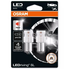   Osram LEDriving SL P21W vörös LED fényforrás, modern és gyors válaszidejű fény, ≙ P21W, BA15s foglalat, jelzőfényhez, 7506DRP-2BL, 2db/bliszter piros