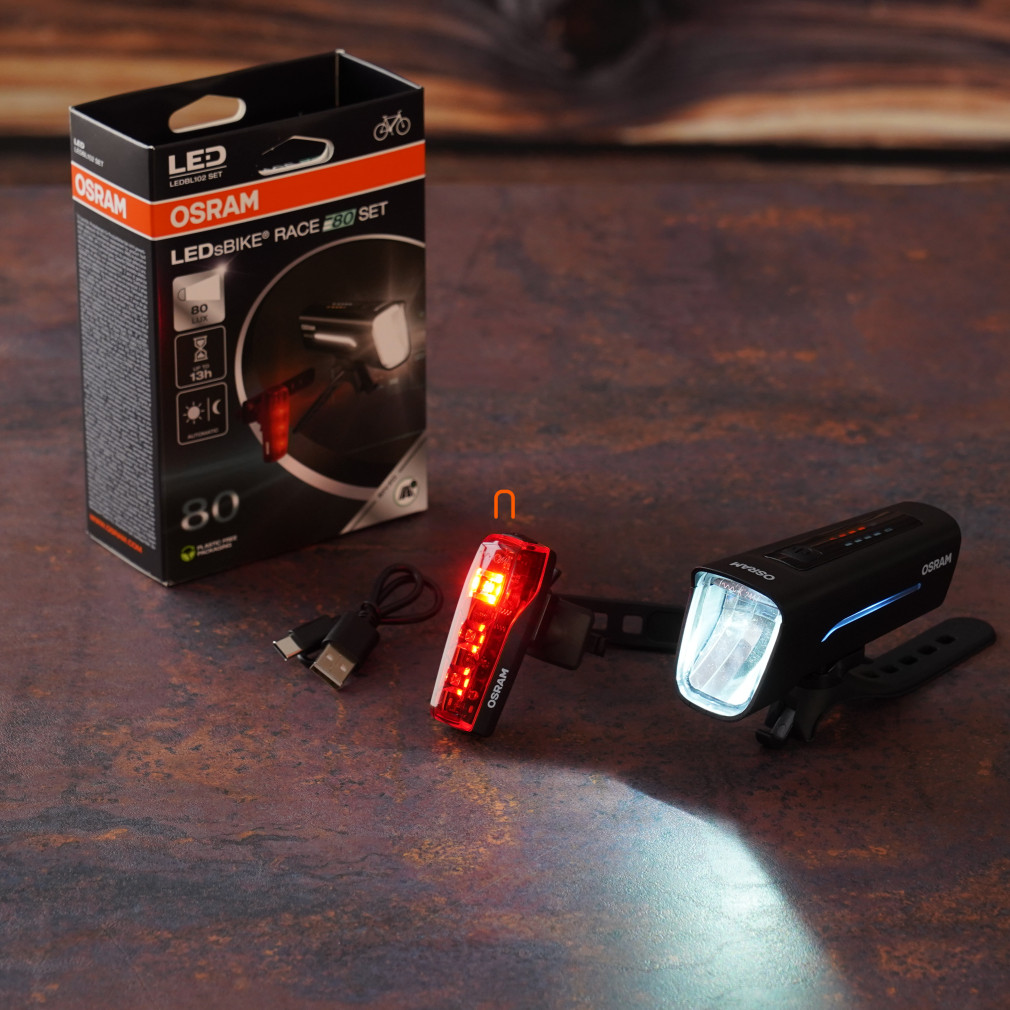 Osram LEDsBIKE Race 80 SET kerékpárlámpa szett, 80 lux fényerő, 13 órás üzemidő, StVZO jóváhagyás, USB-C töltés, IP44 vízállóság, LEDBL102 SET