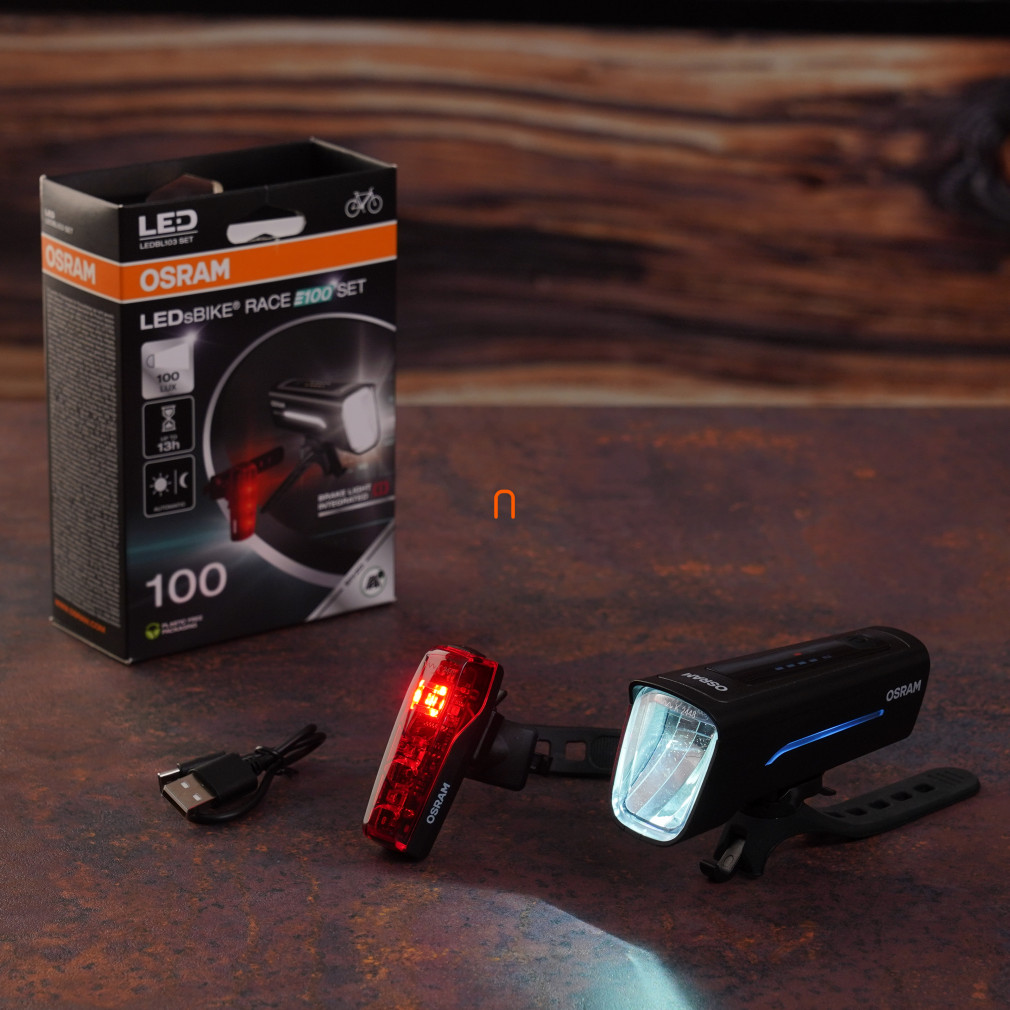 Osram LEDsBIKE Race 100 SET kerékpárlámpa szett, első és hátsó LED világítás, 100 lux, akár 13 órás üzemidő, féklámpa funkcióval, IP44, USB-C töltés, LEDBL103 SET