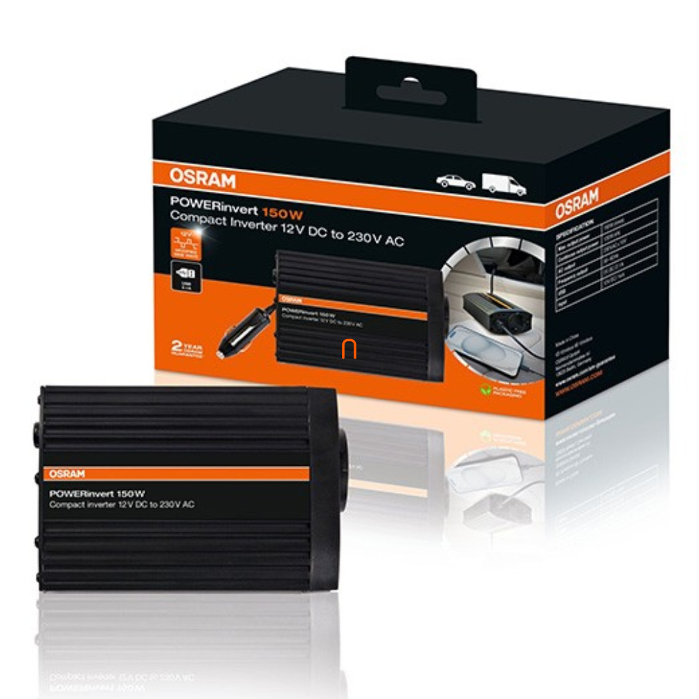 Osram POWERinvert 150W módosított szinuszhullámos inverter, 12V DC-ről 230V AC-re, 2.1A USB aljzattal, mobil eszközökhöz, OEINVU150