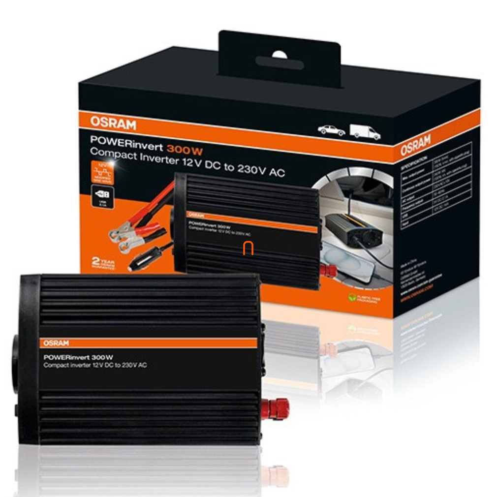 Osram Powerinvert 300W módosított szinuszhullámú autós inverter 12V DC-ről 230V AC-re, USB 2.1A töltőporttal, kompakt kialakítás, OEINVU300