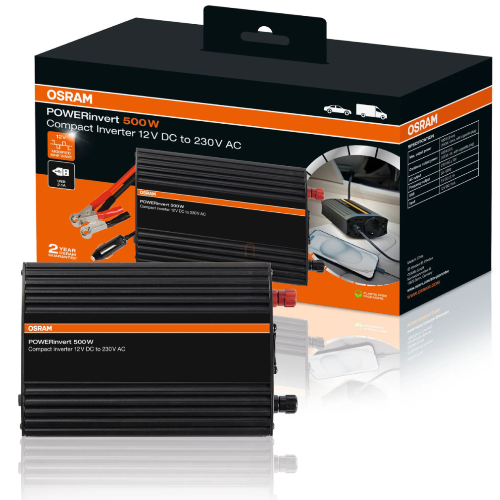 Osram Powerinvert 500W, módosított szinuszhullámú inverter 12V DC-ről 230V AC-re, 500W tartós és 1000W csúcsteljesítménnyel, USB 2.1A porttal és akkumulátorcsipeszes csatlakozással, OEINVU500