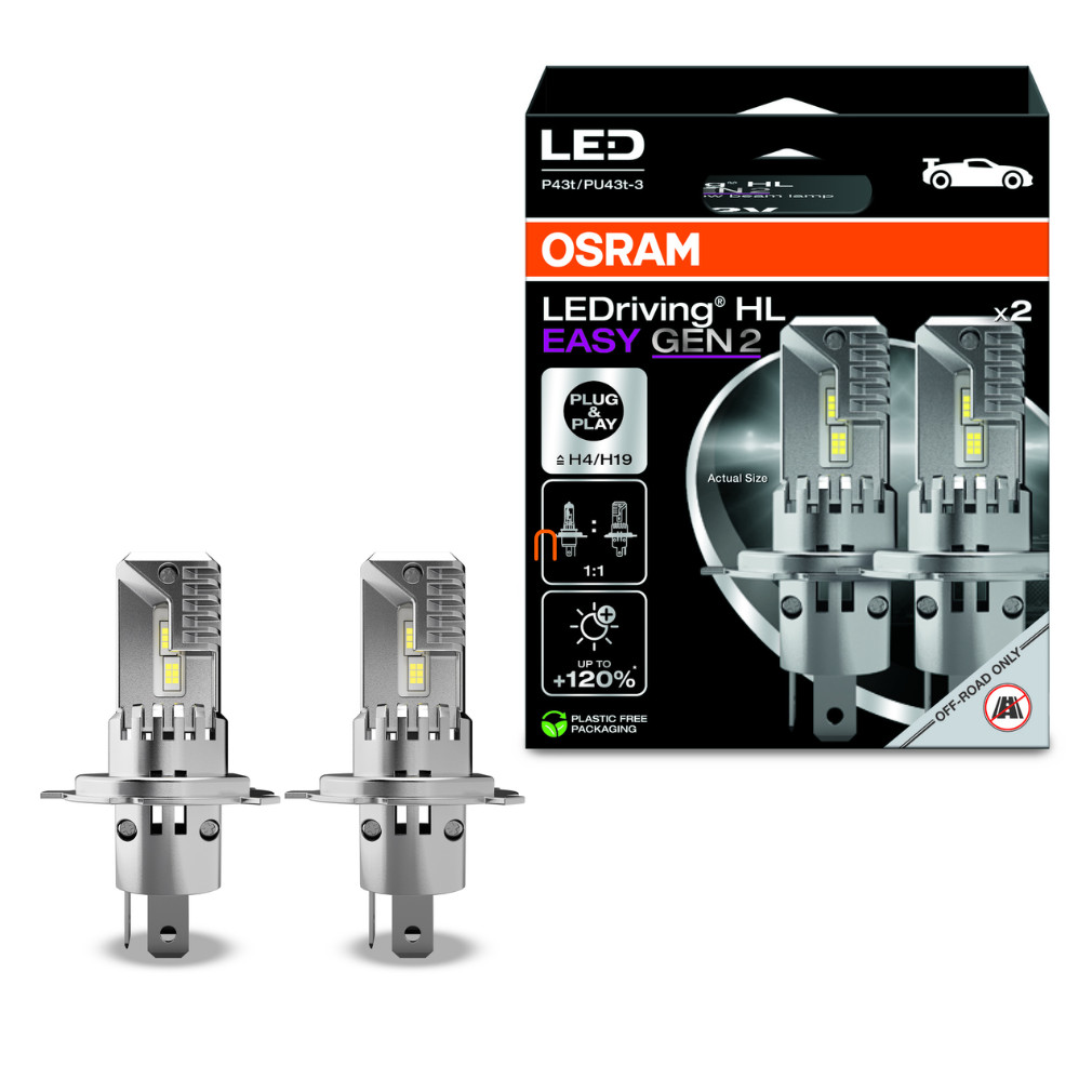 Osram LEDriving HL Easy Gen 2 H4/H19, hidegfehér LED tompított és távolsági fényszóró, 6500 K, 1850/1500 lumen, P43t foglalat, aktív hűtéssel, ultrakompakt kialakítás, 64193DWESY2-2HB, 2db/csomag