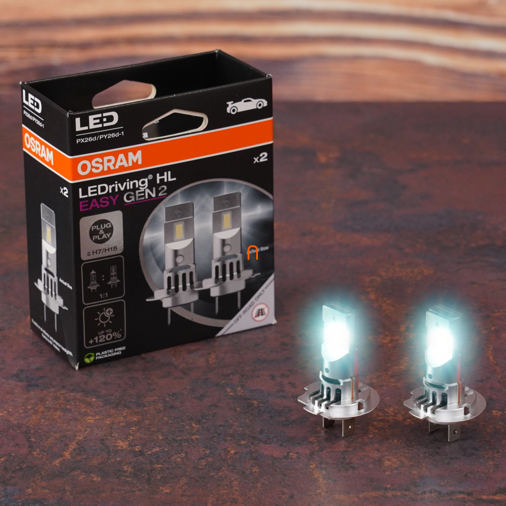 Osram LEDriving HL Easy Gen 2 H7/H18, hidegfehér LED tompított és távolsági fényszóró szett, 6500 K, 2000 lumen, PX26d foglalat, 90°-ban elforgatható kialakítás, ultrakompakt méret, 64210DWESY2-2HB, 2db/csomag