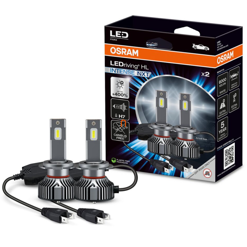 Osram LEDriving HL Intense NXT +400% H7 autós LED tompított és távolsági fényszóró szett, +400% fényerő, 6000K színhőmérséklet, 4000 lumen fényáram, PX26d foglalat, 64210DWINN, 2db/csomag
