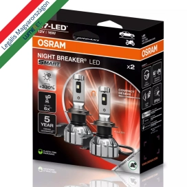   Legális Osram Night Breaker LED Smart H7 +330% autó LED fényszóró szett, Közlekedési Hatóság engedéllyel,  6000K színhőmérséklet, akár +330% fényerő, 1550 lumen fényáram, PX26d foglalat, 64210DWNBSM-2HB, 2 darab/csomag