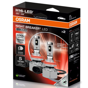   Osram Night Breaker LED Smart H16 ködlámpa szett, extra széles fénynyaláb, 6000K hidegfehér fény, akár 6-szor hosszabb élettartam, PGJ19-3 foglalat, 64219DWNBSM-2HB, 2db/csomag