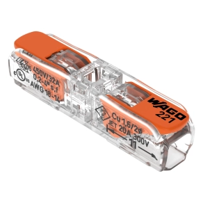 Wago 221-2411 soros karos vezetékösszekötő, 2 vezetékhez, max. 4 mm², CAGE CLAMP®, 450 V, 32 A, T85, átlátszó ház