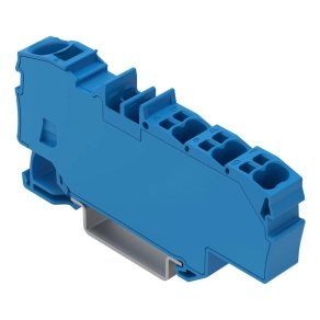 Wago 2006-8034 elosztósorkapocs, 1 × 6 mm² / 6 × 1,5 mm², működtetőnyílás, beépített véglap, oldalsó és középső jelölés, Push-in CAGE CLAMP®, DIN 35 sínhez, kék
