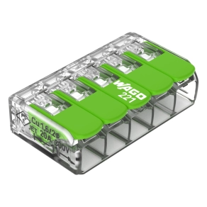 Wago 221-425 Green Range karos vezetékösszekötő, 5 vezetékhez, max. 4 mm², CAGE CLAMP®, 450 V, 32 A, T85, átlátszó ház