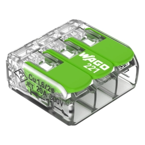 Wago 221-423 Green Range karos vezetékösszekötő, 3 vezetékhez, max. 4 mm², CAGE CLAMP®, 450 V, 32 A, T85, átlátszó ház