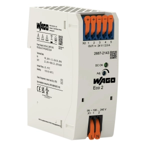 Wago 2687-2143 Eco 2 tápegység, egyfázisú, 24 V DC, 2,5 A, DC-OK LED, push-in csatlakozás működtetőkarral