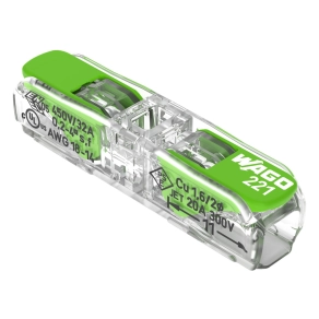   Wago 221-2431 Green Range soros karos vezetékösszekötő, 2 vezetékhez, max. 4 mm², CAGE CLAMP®, 450 V, 32 A, T85, átlátszó ház