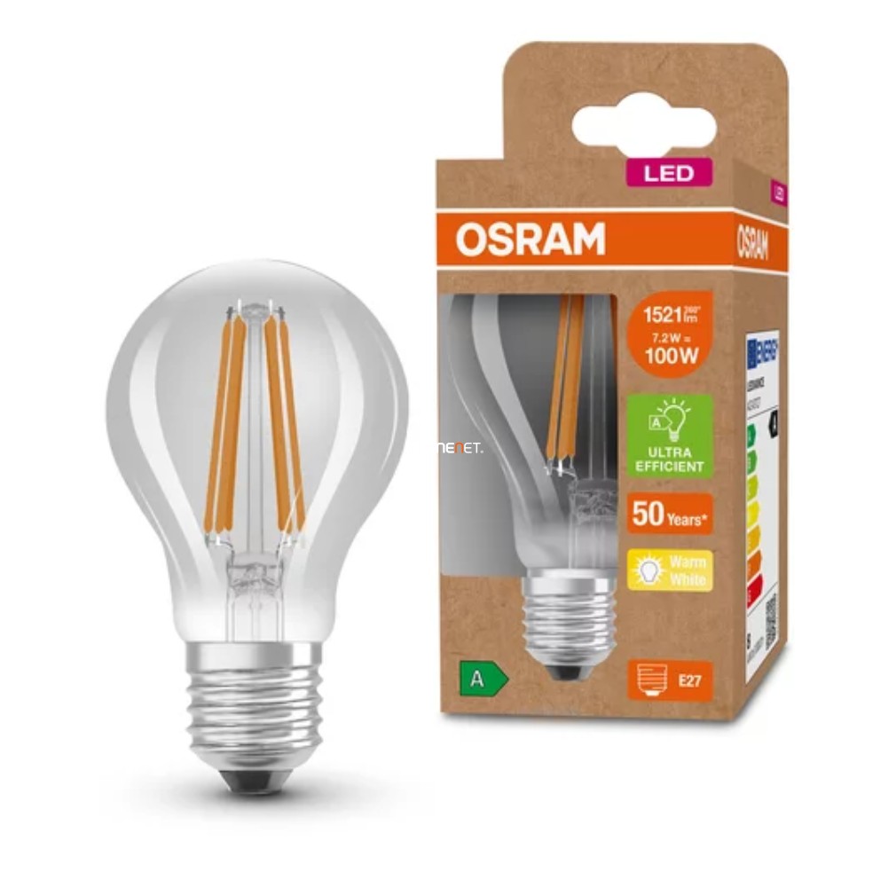 Osram E27 LED filament, 7,2 W, 1521 lm, melegfehér fényű víztiszta búrával (Classic-A)