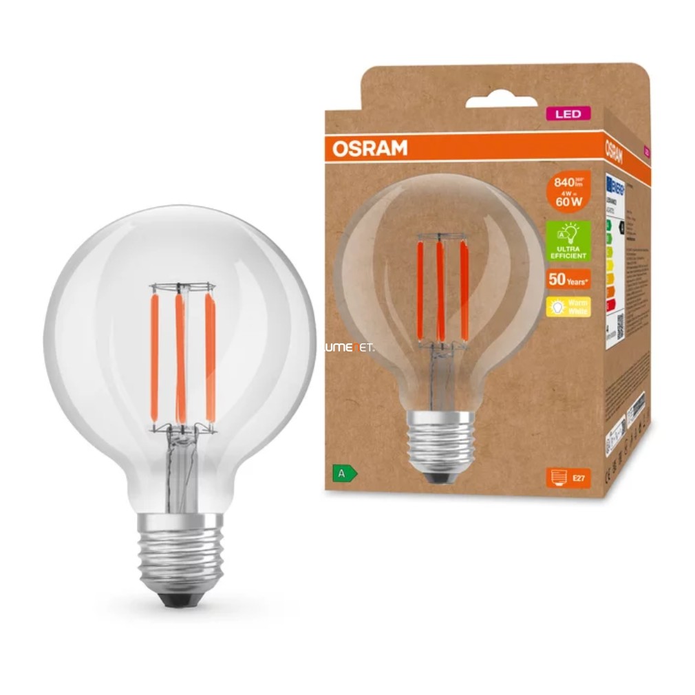 Osram E27 LED filament, 3,8 W, 806 lm, G95, melegfehér fényű (Classic-Globe)