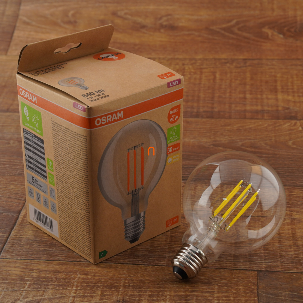 Osram E27 LED filament, 3,8 W, 806 lm, G95, melegfehér fényű (Classic-Globe)