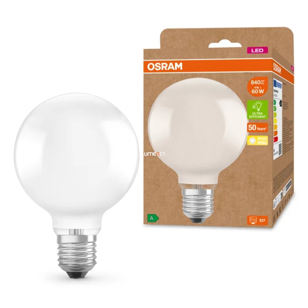 Osram E27 LED filament, 3,8 W, 806 lm, melegfehér fényű (Classic-Globe)