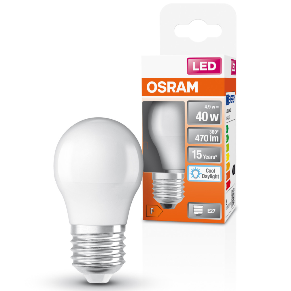 Osram E27 LED kisgömb, 4,9W, 470 lm, 6500 K, daylight, opál műanyag-40 W izzó helyett - Superstar Classic P