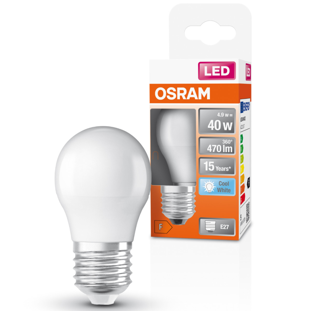 Osram E27 LED kisgömb, 4,9W, 470 lm, 4000 K, hidegfehér, opál műanyag-40 W izzó helyett - Superstar Classic P