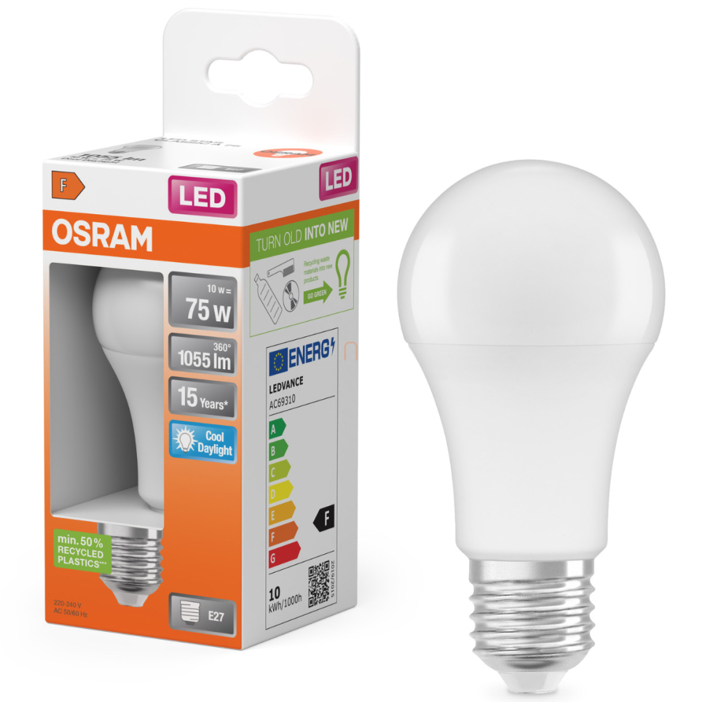 Osram E27 LED 10W, 1055 lm, 6500 K, daylight, opál műanyag-75 W normál izzó helyett - Star Classic A