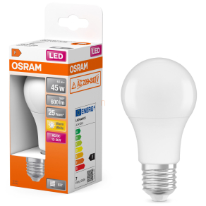   Osram E27 LED 6,5W, 600 lm, 2700 K, melegfehér, opál műanyag-40 W normál izzó helyett - Superstar+ Classic A