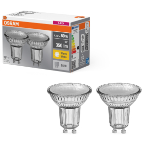   Osram GU10 LED 4,3W, 350 lm, 2700 K, melegfehér, áttetsző üveg-50 W izzó helyett, 2 darabos - Base Spot PAR16