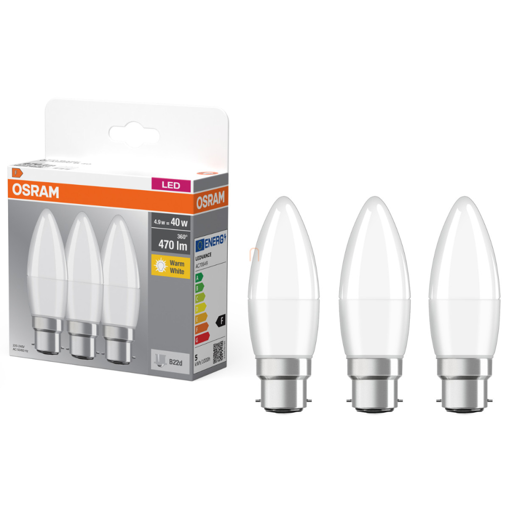 Osram B22d LED 4,9W, 470 lm, 2700 K, melegfehér, opál műanyag-40 W izzó helyett, 3 darabos - Base Classic B