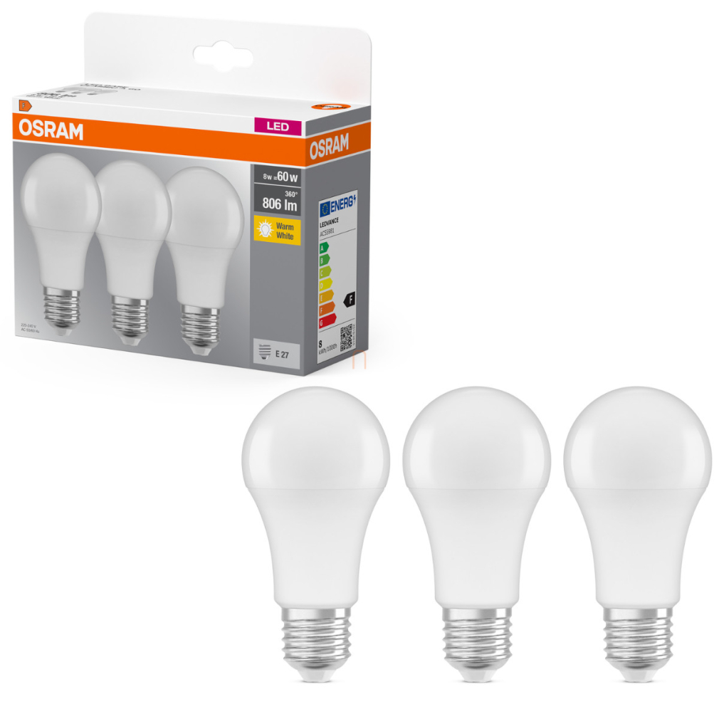 Osram E27 LED 8W, 806 lm, 2700 K, melegfehér, opál műanyag-60 W normál izzó helyett, 3 darabos - Base Classic A