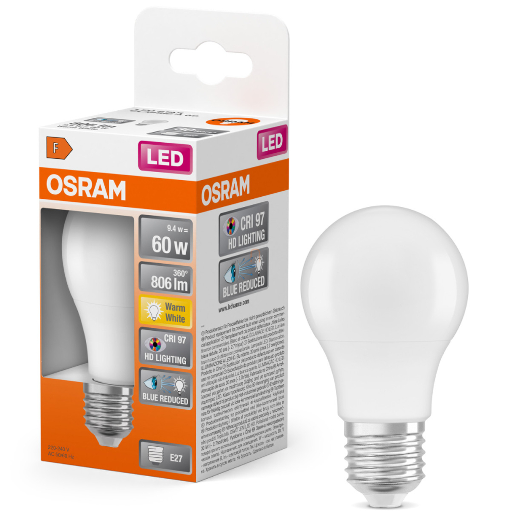 Osram E27 LED 9,4W, 806 lm, 2700 K, melegfehér, opál műanyag-60 W normál izzó helyett - Superstar+ Classic A