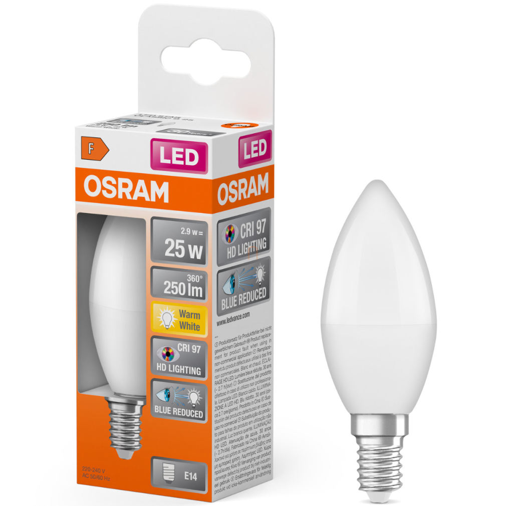 Osram E14 LED gyertya, 2,9W, 250 lm, 2700 K, melegfehér, opál műanyag-25 W izzó helyett - Superstar+ Classic B