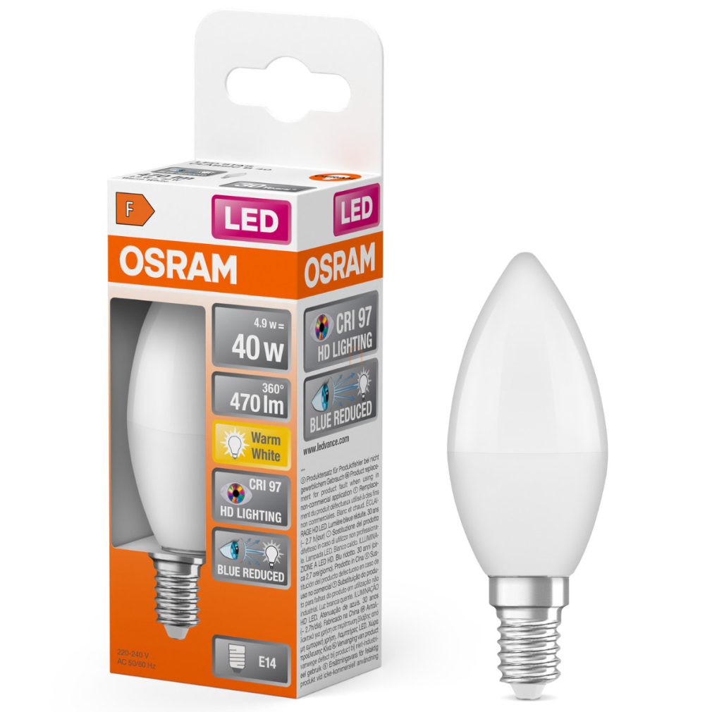 Osram E14 LED gyertya, 4,9W, 470 lm, 2700 K, melegfehér, opál műanyag-40 W izzó helyett - Superstar+ Classic B