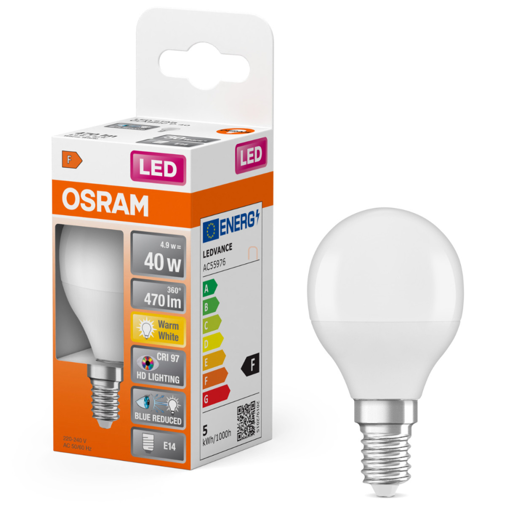 Osram E14 LED kisgömb, 4,9W, 470 lm, 2700 K, melegfehér, opál műanyag-40 W izzó helyett - Superstar+ Classic P 