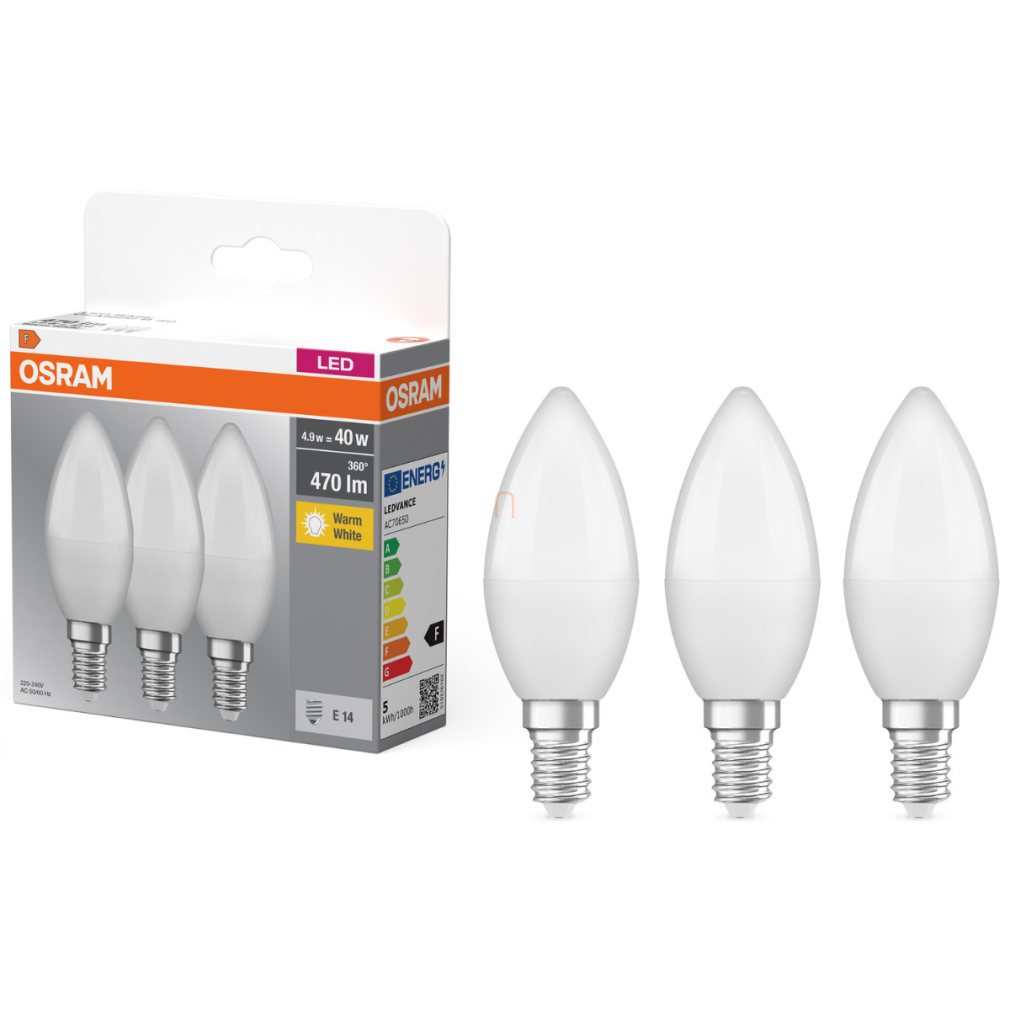 Osram E14 LED gyertya, 4,9W, 470 lm, 2700 K, melegfehér, opál műanyag-40 W izzó helyett, 3 darabos - Base Classic B