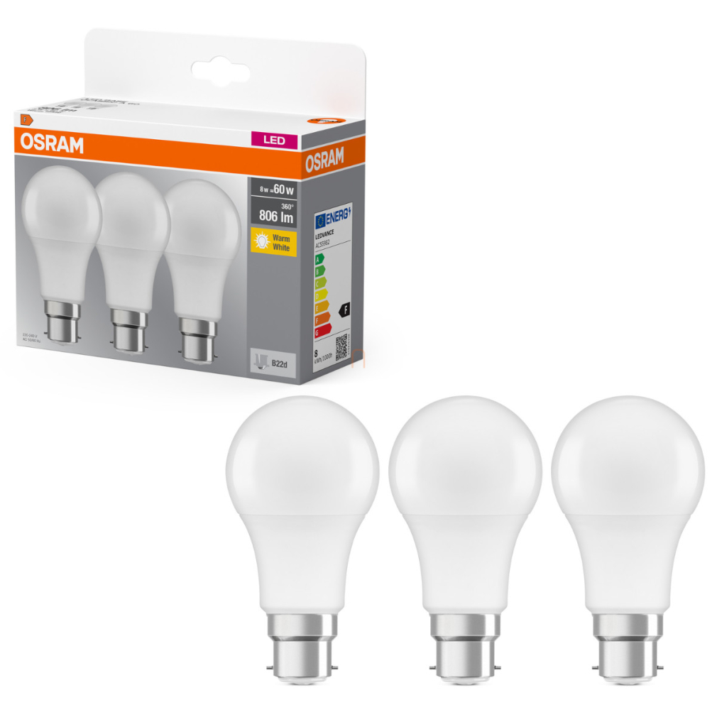 Osram B22d LED 8W, 806 lm, 2700 K, melegfehér, opál műanyag-60 W izzó helyett, 3 darabos - Base Classic A