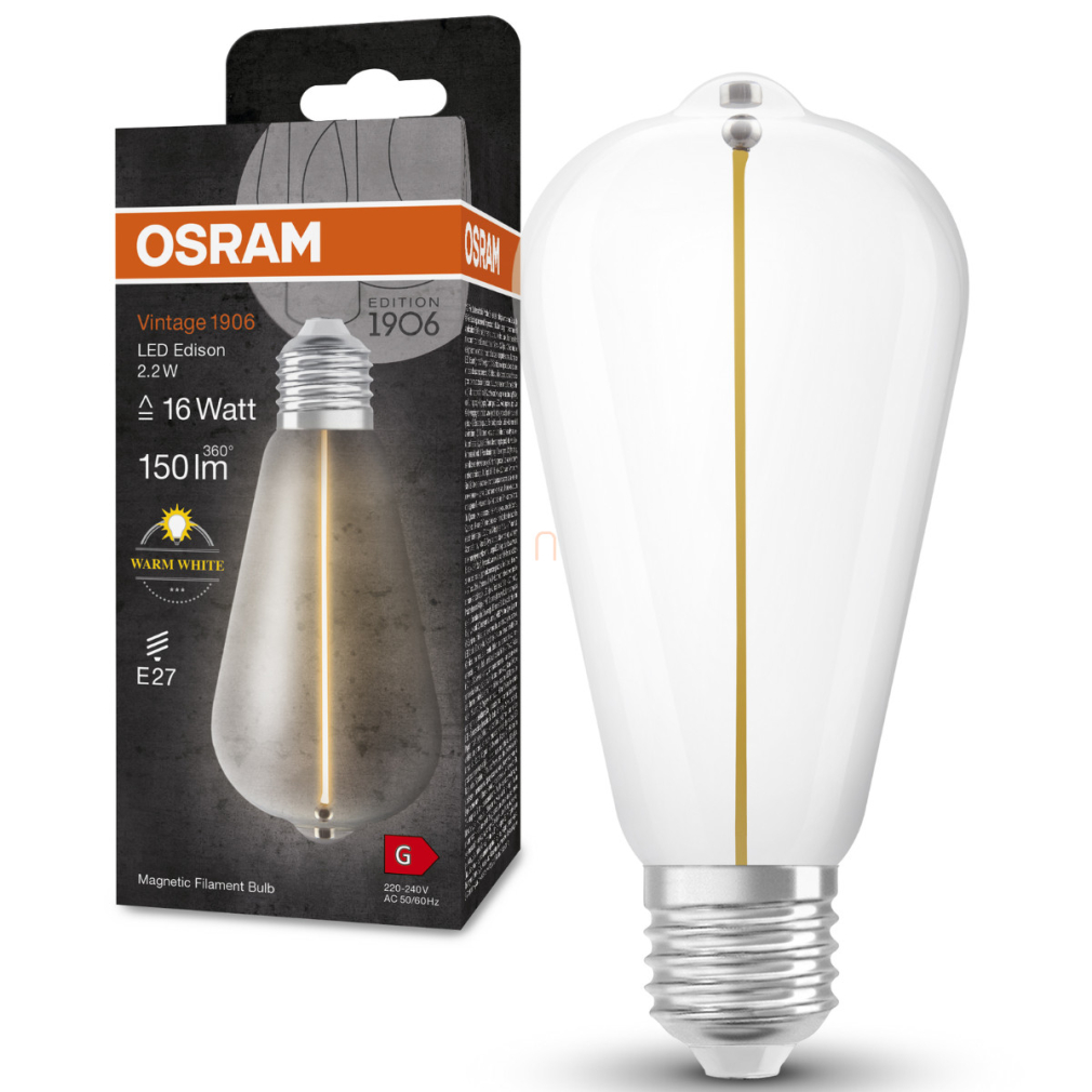 Osram E27 LED 2,2W, 150 lm, 2700 K, melegfehér, áttetsző üveg-15 W izzó helyett - Vintage 1906 Classic Edison filament