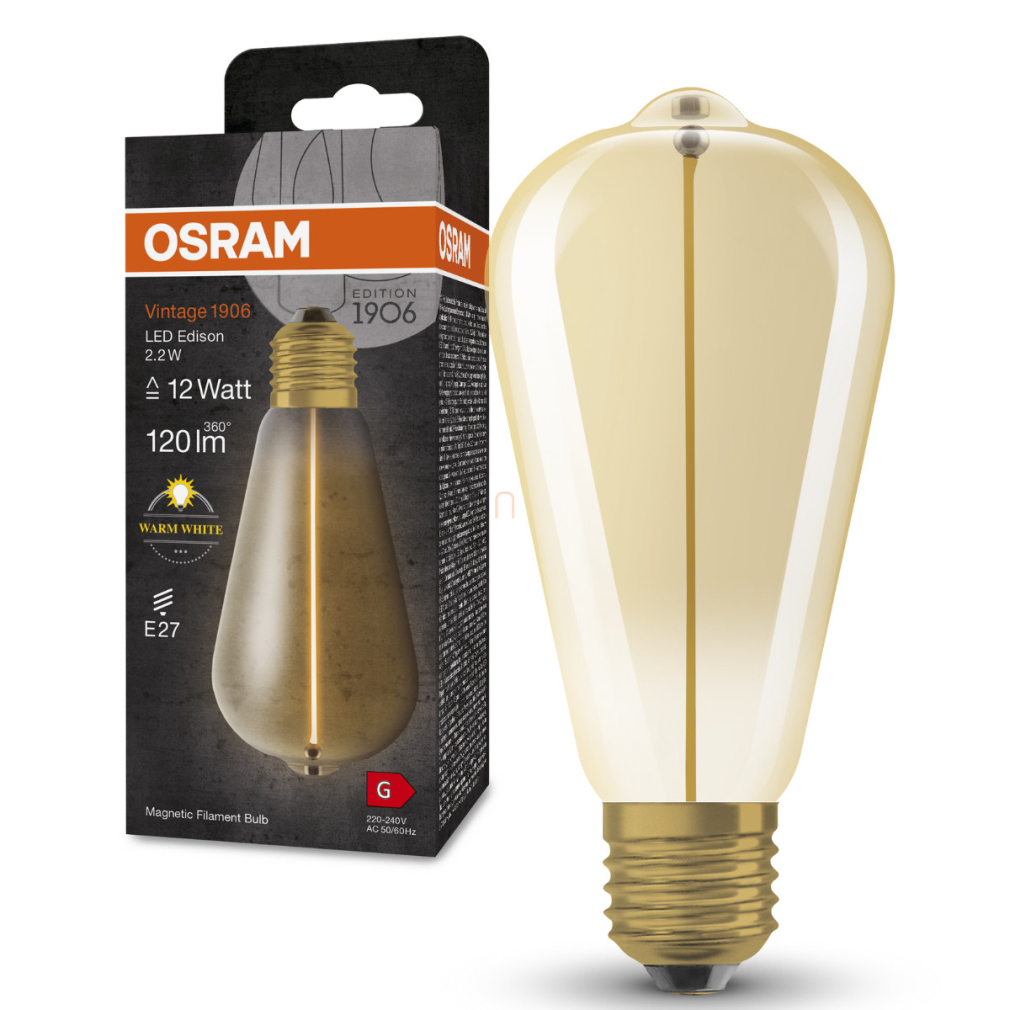 Osram E27 LED 2,2W, 120 lm, 2700 K, melegfehér, arany színű színű üveg-10 W izzó helyett - Vintage 1906 Classic Edison Gold filament