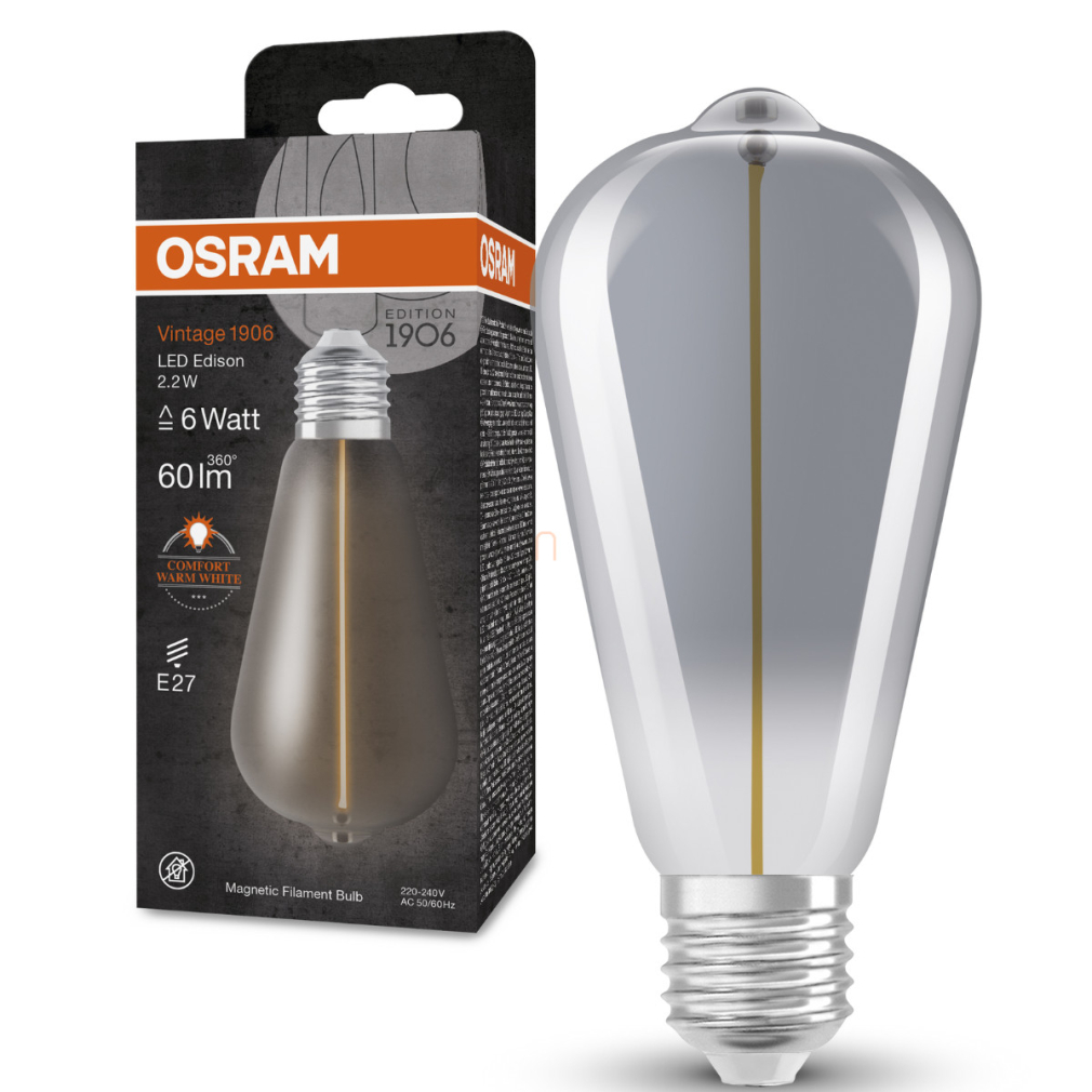 Osram E27 LED 2,2W, 60 lm, 1800 K, candlelight, füstszínű üveg-5 W izzó helyett - Vintage 1906 Classic Edison Smoke filament