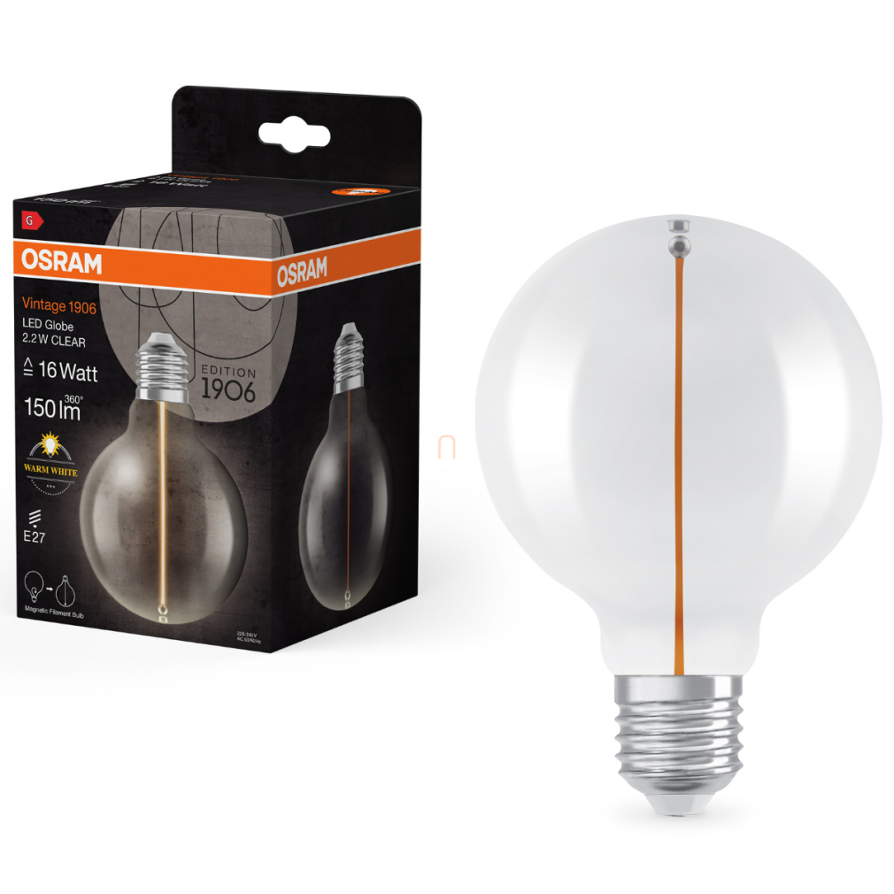 Osram E27 LED 2,2W, 150 lm, 2700 K, melegfehér, áttetsző üveg-15 W izzó helyett - Vintage 1906 Classic Globe95 filament