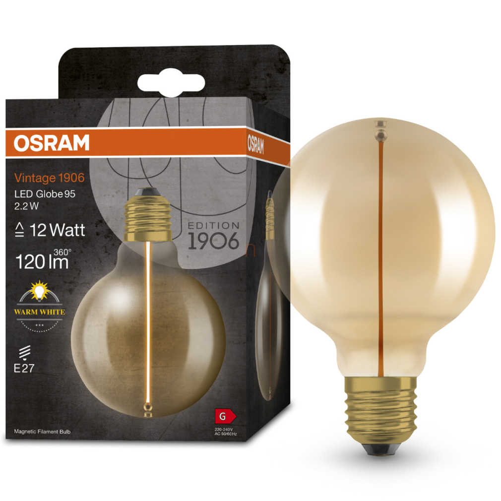Osram E27 LED 2,2W, 120 lm, 2700 K, melegfehér, arany színű színű üveg-10 W izzó helyett - Vintage 1906 Classic Globe95 Gold filament