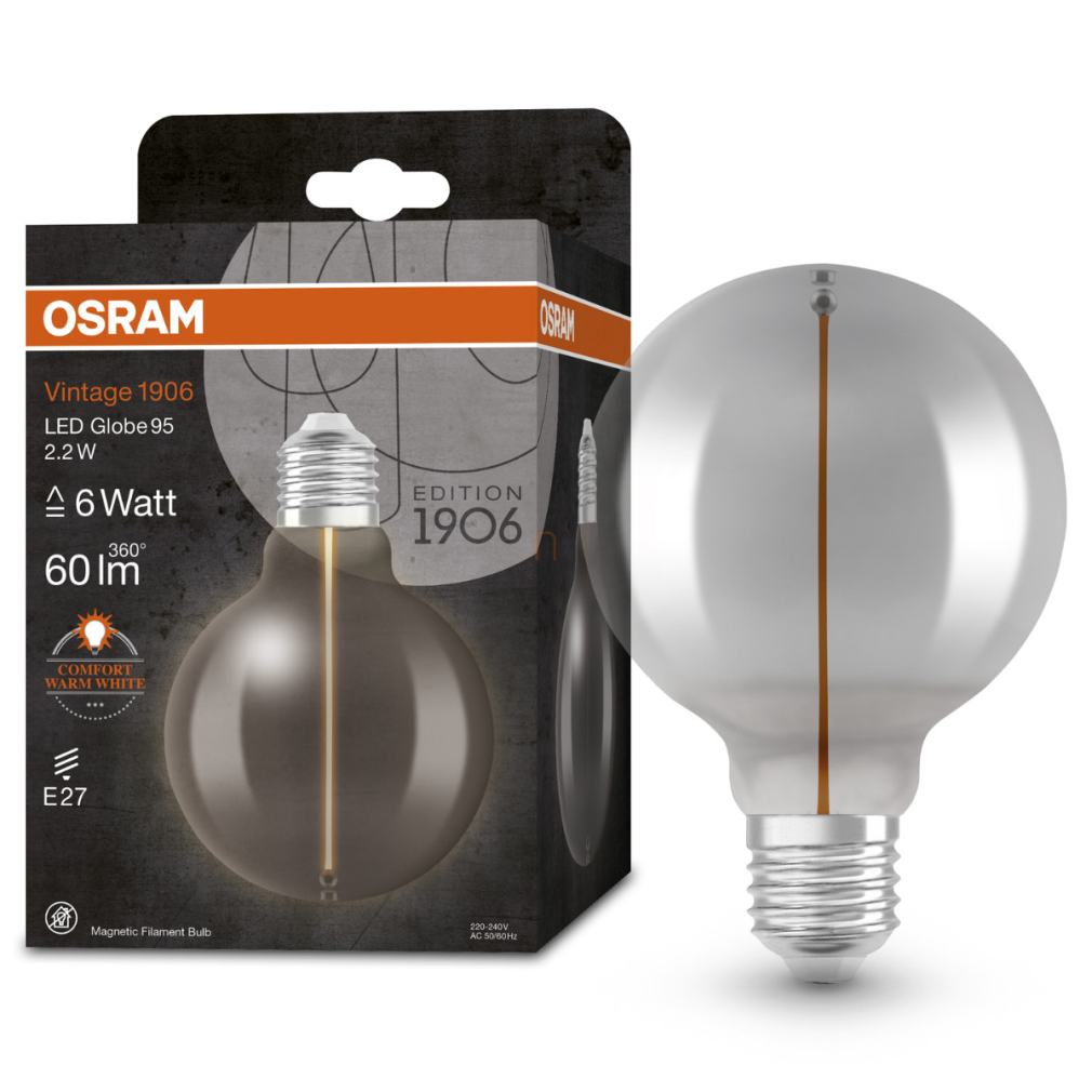 Osram E27 LED 2,2W, 60 lm, 1800 K, candlelight, füstszínű üveg-5 W izzó helyett - Vintage 1906 Classic Globe95 Smoke filament