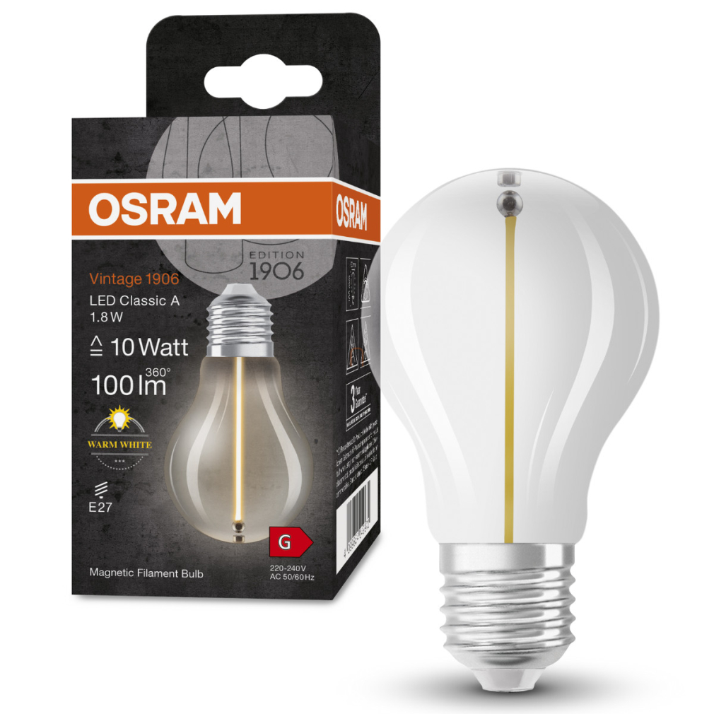 Osram E27 LED 1,8W, 100 lm, 2700 K, melegfehér, áttetsző üveg-10 W izzó helyett - Vintage 1906 Classic A filament