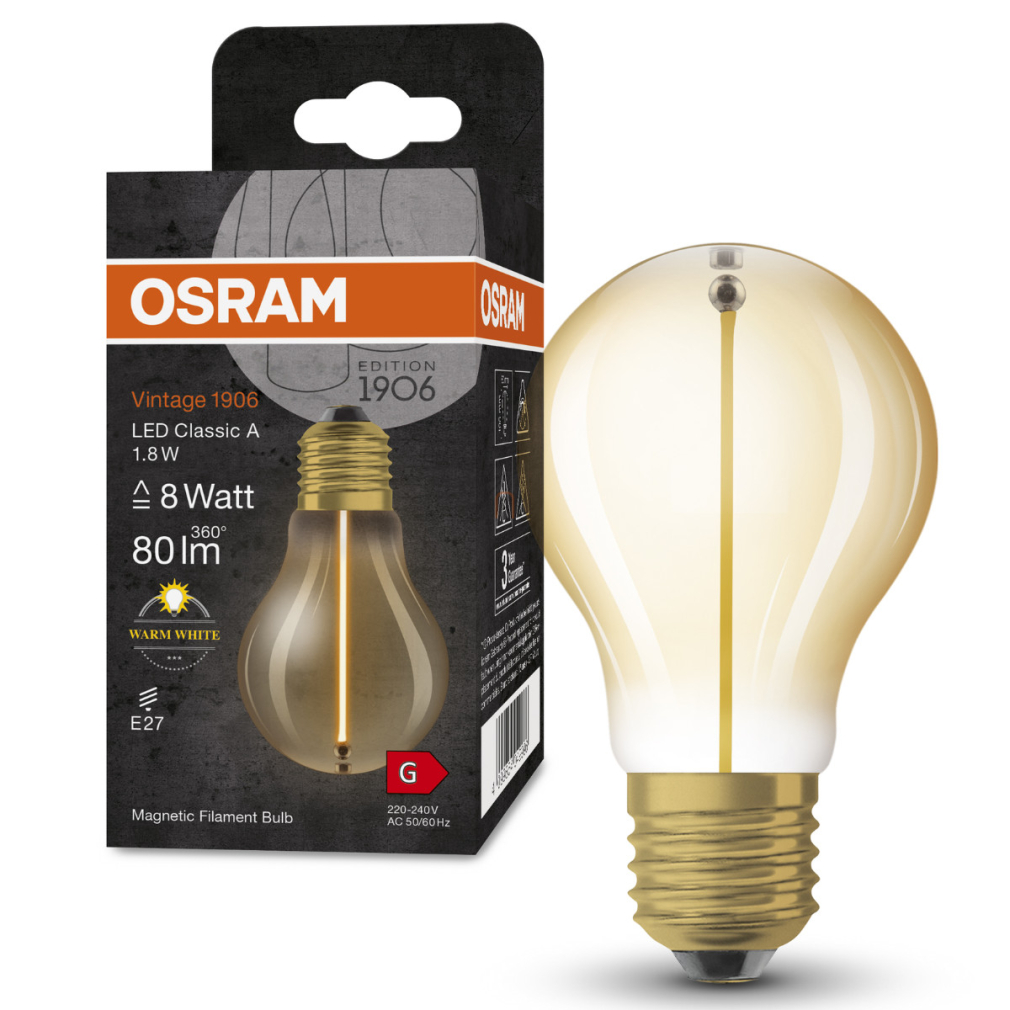 Osram E27 LED 1,8W, 80 lm, 2700 K, melegfehér, arany színű színű üveg-10 W izzó helyett - Vintage 1906 Classic A Gold filament