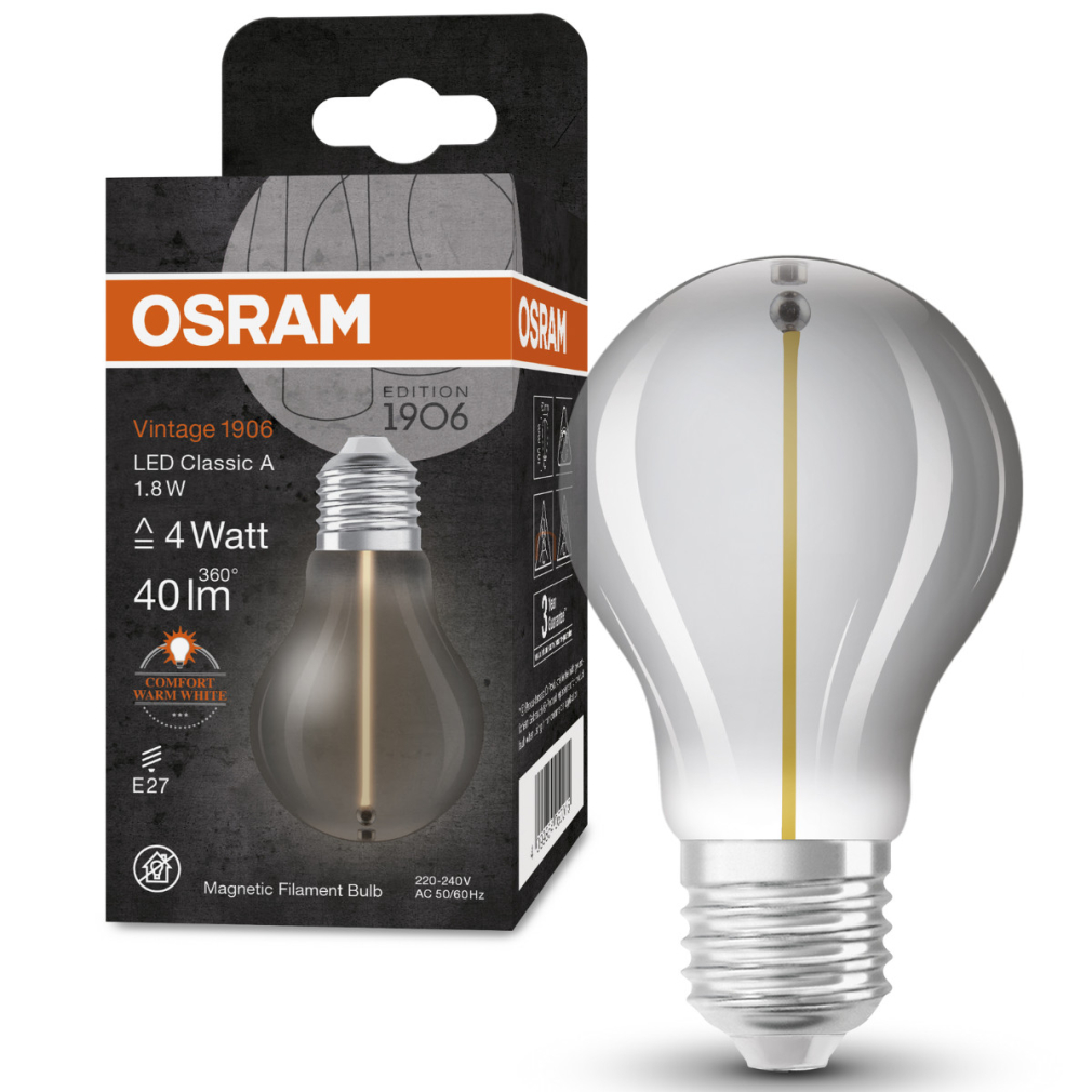 Osram E27 LED 1,8W, 40 lm, 1800 K, candlelight, füstszínű üveg-5 W izzó helyett - Vintage 1906 Classic A Smoke filament