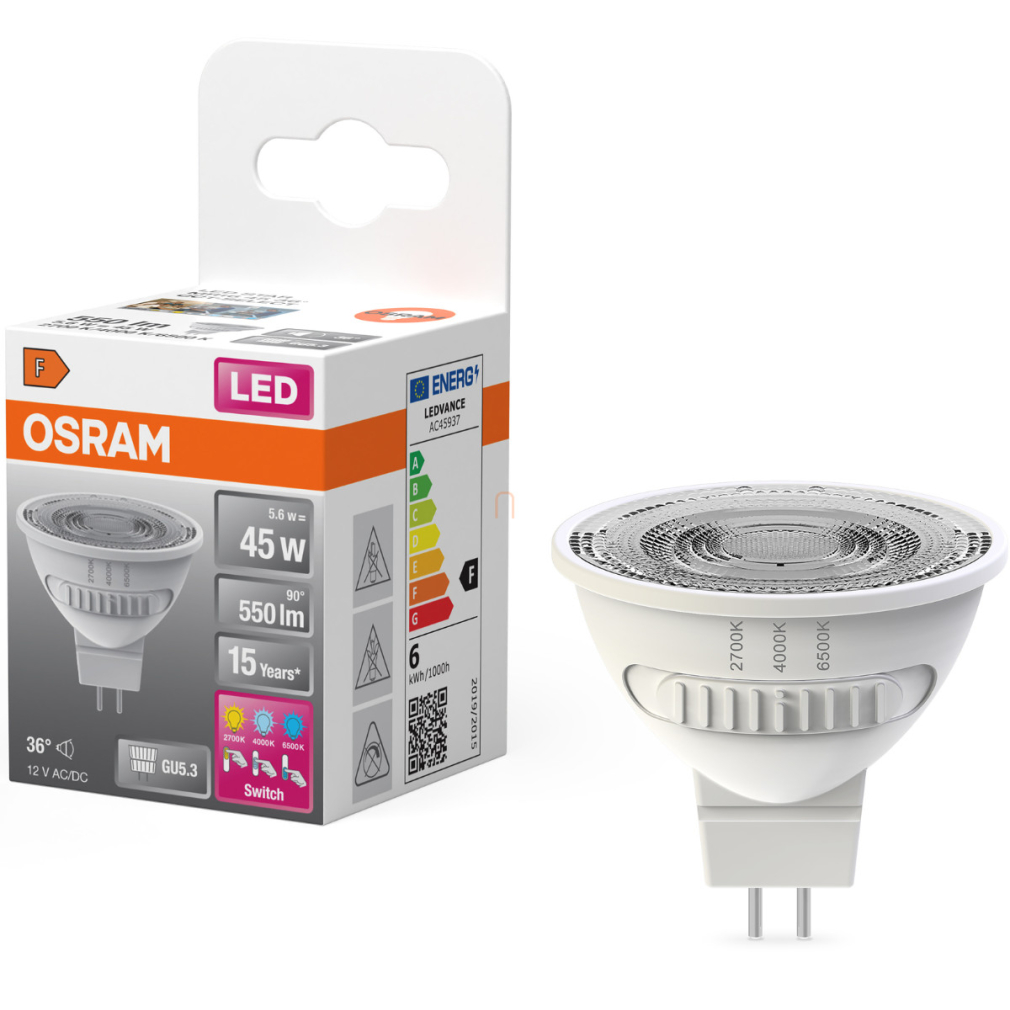 Osram GU5.3 LED 5,6W, 550 lm, 2700-4000-6500 K, változtatható fehér, fehér műanyag-40 W izzó helyett - Star Spot MR16