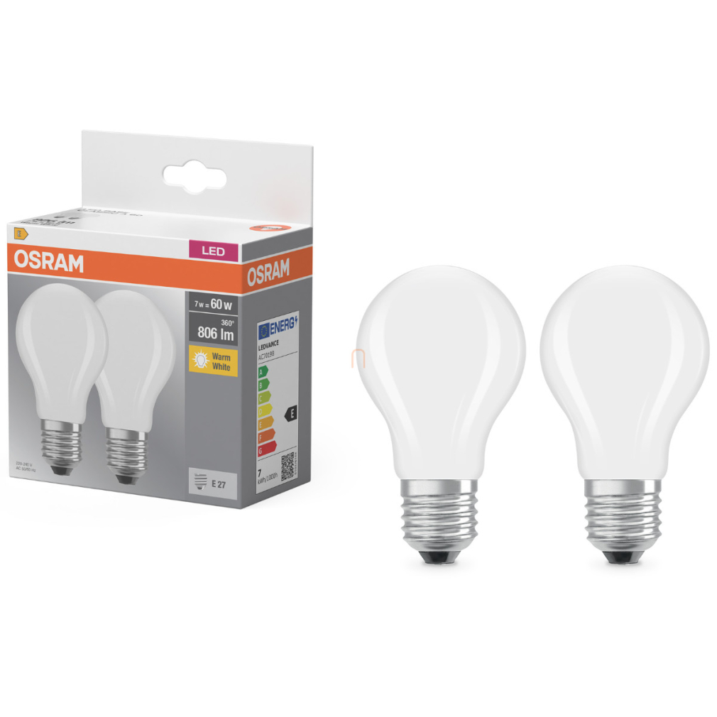 Osram E27 LED 7W, 806 lm, 2700 K, melegfehér, opál üveg-60 W normál izzó helyett, 2 darabos - Base Classic A