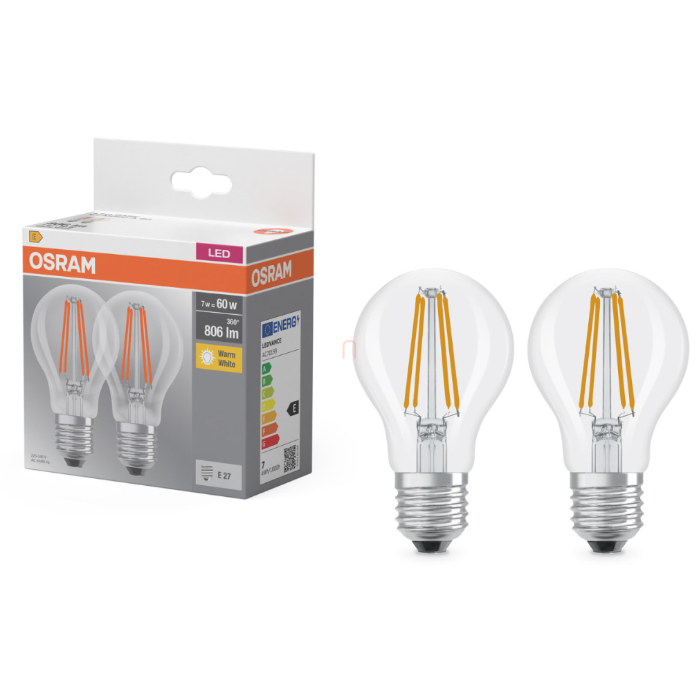 Osram E27 LED 7W, 806 lm, 2700 K, melegfehér, áttetsző üveg-60 W normál izzó helyett, 2 darabos - Base Classic A 60 filament